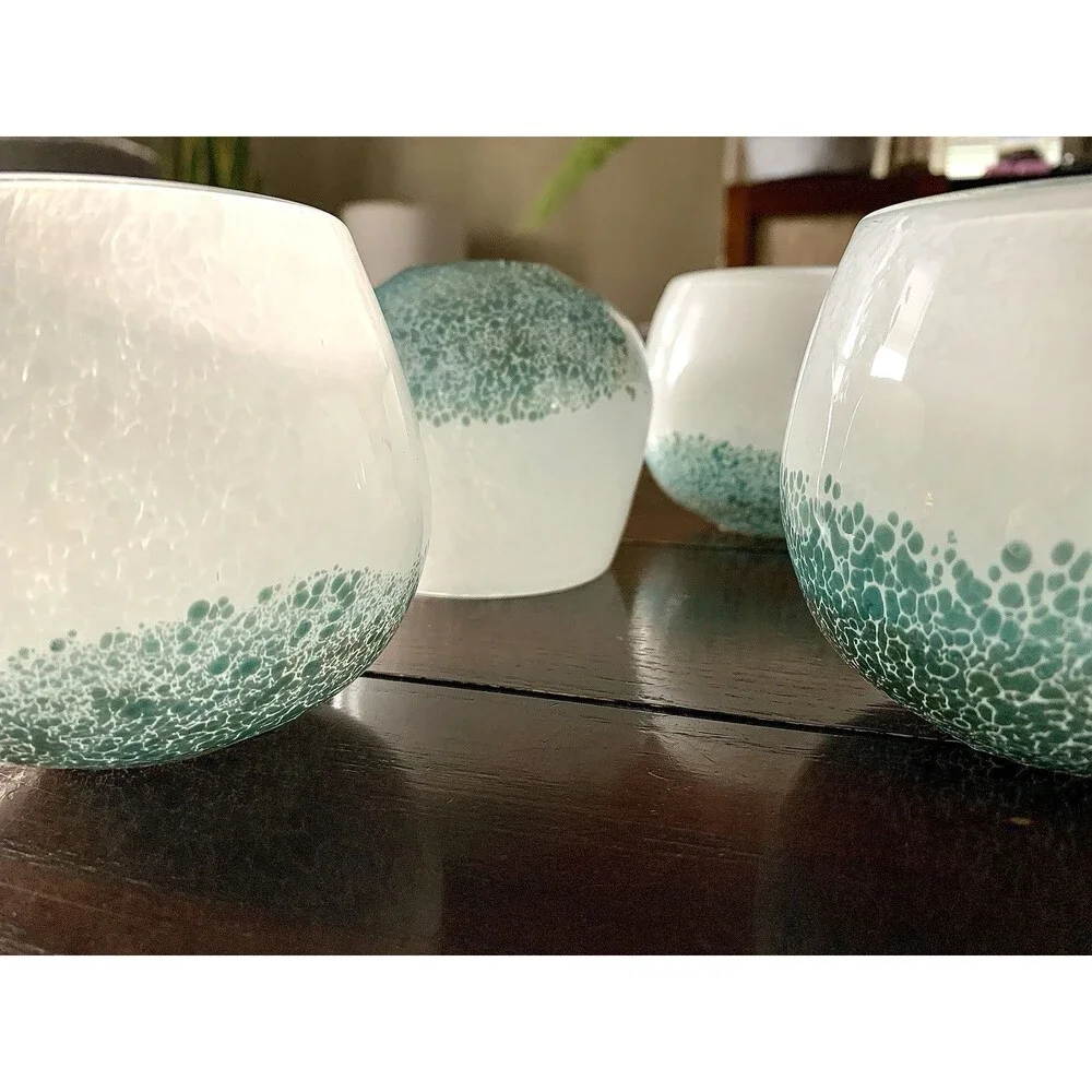 4 West Elm Mexican Glass Votive Candle Holders Recycled Confetti Frit Coastal